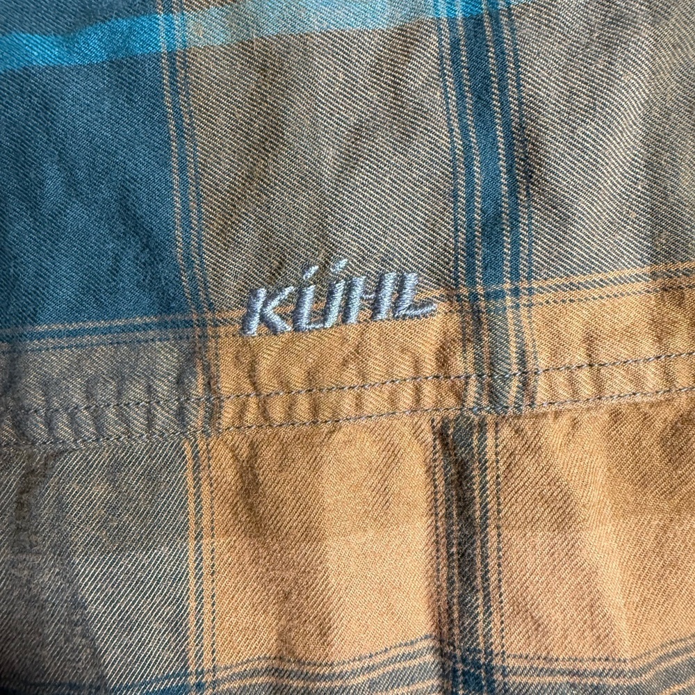 Kuhl Plaid Flannel Shirt XXL Outdoor Hiking Button Up Tan Blue Performance Shirt - Picture 3 of 7